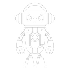 Coloring book of cheerful funny cartoon children's robot. Coloring page of cute cyborg, futuristic modern bot, android, smiling character in flat vector illustration isolated on white background.
