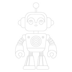 Coloring book of cheerful funny cartoon children's robot. Coloring page of cute cyborg, futuristic modern bot, android, smiling character in flat vector illustration isolated on white background.