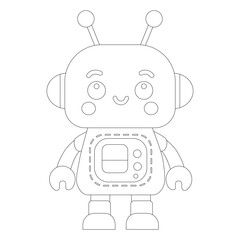 Coloring book of cheerful funny cartoon children's robot. Coloring page of cute cyborg, futuristic modern bot, android, smiling character in flat vector illustration isolated on white background.