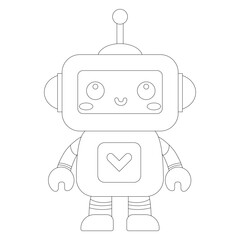 Coloring book of cheerful funny cartoon children's robot. Coloring page of cute cyborg, futuristic modern bot, android, smiling character in flat vector illustration isolated on white background.