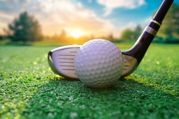 Golf Equipment Close-Up with Golf Ball on Green Turf at Sunset