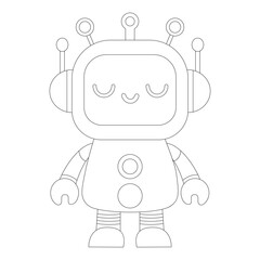 Coloring book of cheerful funny cartoon children's robot. Coloring page of cute cyborg, futuristic modern bot, android, smiling character in flat vector illustration isolated on white background.