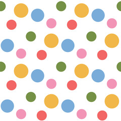Polka dots seamless pattern. Circle confetti endless background. Birthday round elements repeat cover. Colorful chaotic spots continuous ornament. Surface design festive motif. Vector illustration.