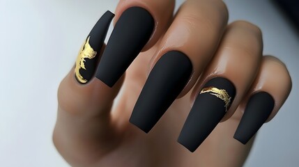 Luxurious Matte Black Nails with Stunning Gold Accents Artistry Design