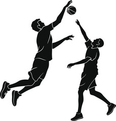 Basketball players silhouette vector illustration, dynamic sports action design for posters, t-shirts, logos, branding, digital art, and athletic graphics.