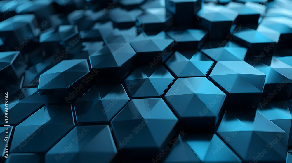 Poster abstract geometric pattern of interlocking blue hexagons creating a dynamic 3d surface