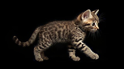 Adorable Tabby Kitten On Black Background. Sweet Domestic Pet Exploring.