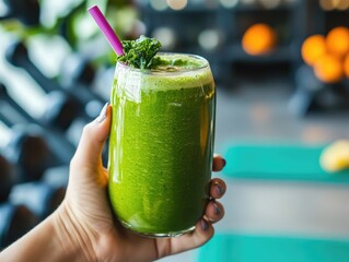 Hand holding green smoothie in gym (2)