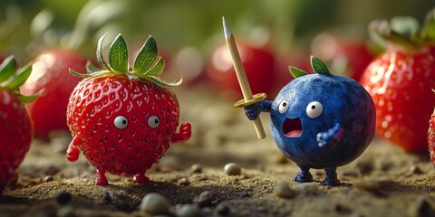 Blueberry wielding pencil sword challenges strawberry in fruit war