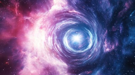 Obraz premium A futuristic spacecraft exits a wormhole, emerging into a breathtaking nebula-filled galaxy