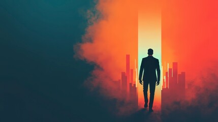 Fototapeta premium Silhouette of a Man Walking Toward a Bright Horizon in a Dramatic Environment