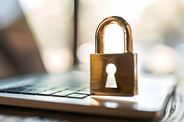 Golden padlock resting on a laptop keyboard, symbolizing online security and privacy concerns