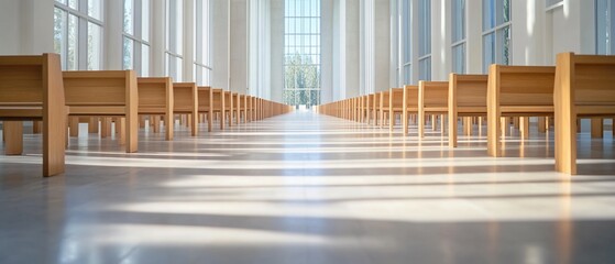Naklejka premium Sunlit church aisle, wooden pews, peaceful