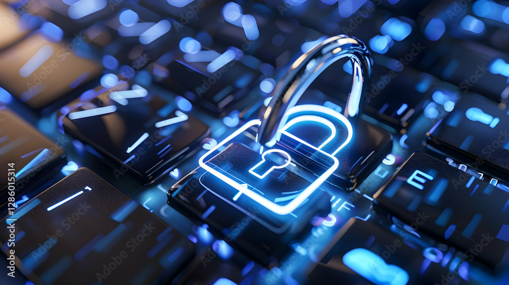Poster illuminated padlock symbolizing digital security on a keyboard with glowing keys, backdrop of techno