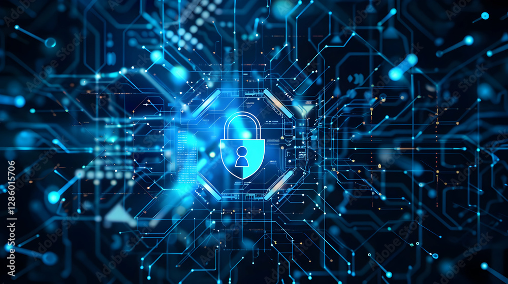 Poster abstract digital security concept with lock symbol amidst glowing circuit patterns and data flow