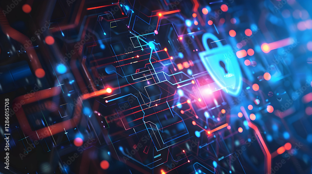 Poster abstract digital background showcasing a secure network with glowing circuitry and a lock symbol