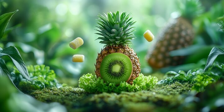 Pineapple with slice of kiwi surrounded by flying candies in lush green forest - Powered by Adobe