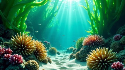 Sunbeams Illuminate Vibrant Underwater Kelp Forest with Colorful Coral and Small Fish