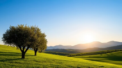 Fototapeta premium Peaceful Olive Trees on Green Hills with Mountains and Clear Blue Sky at Sunrise