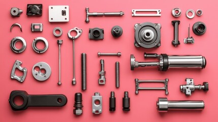 Hydraulic machine parts arranged creatively on a solid pink background