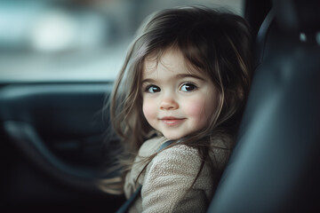 Little cheerful caucasian girl inside a car