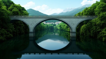 Fototapeta premium Scenic Stone Bridge Over Serene River Surrounded by Lush Greenery and Mountains