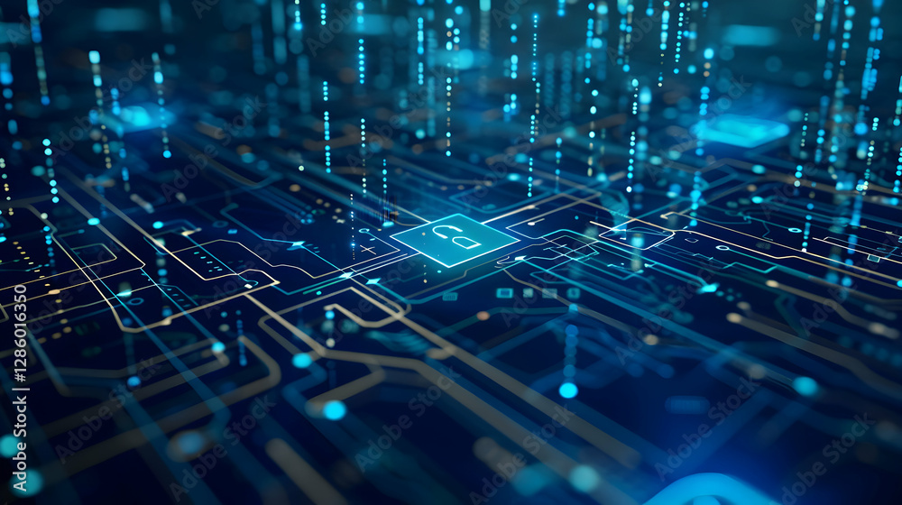 Poster abstract digital circuit with glowing lines and data streams in a futuristic technology setting