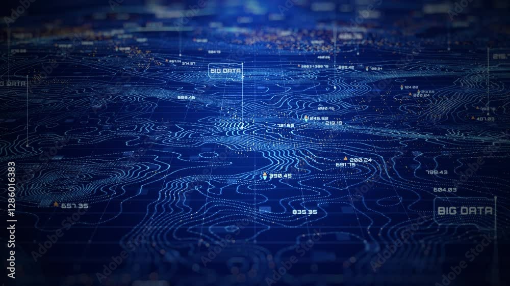 Aufkleber Digital topographic map with glowing data points and data network, futuristic analytics,  Technology big data, and geospatial concepts. Future abstract background 4k