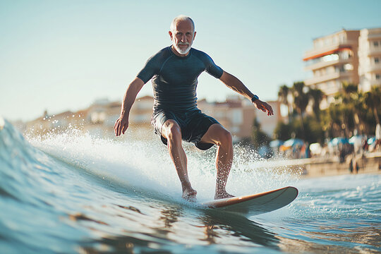 Middle aged man at outdoor surfing in the sea