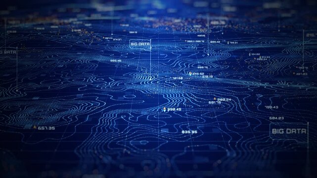 Digital topographic map with glowing data points and data network, futuristic analytics,  Technology big data, and geospatial concepts. Future abstract background 4k