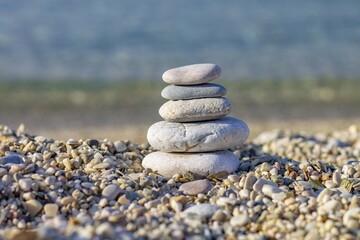 Stones on the Beach, Stone Pyramid, Stability, Balance of Elements, Zen of Equilibrium, Harmony of Stones, Stones of Athens Beach