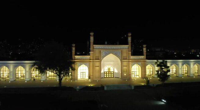 Arial view of Eid Gah Mosque with beautiful lighting at night in Kabul Afghanistan