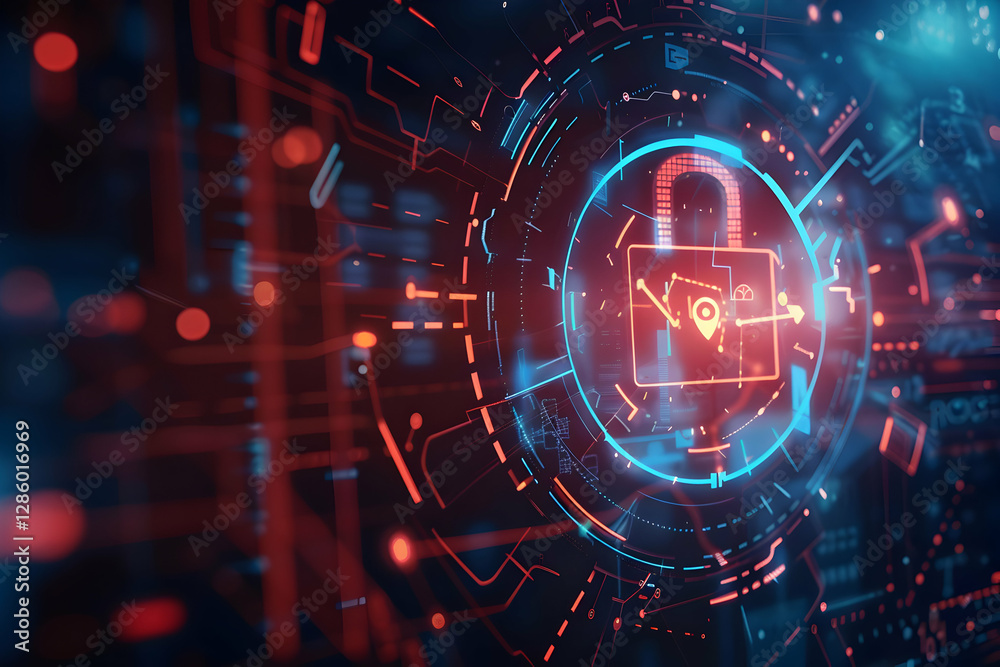 Poster futuristic digital lock symbolizing cybersecurity with glowing data patterns in background