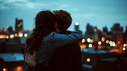Couple embracing on a vibrant city rooftop under a twilight sky