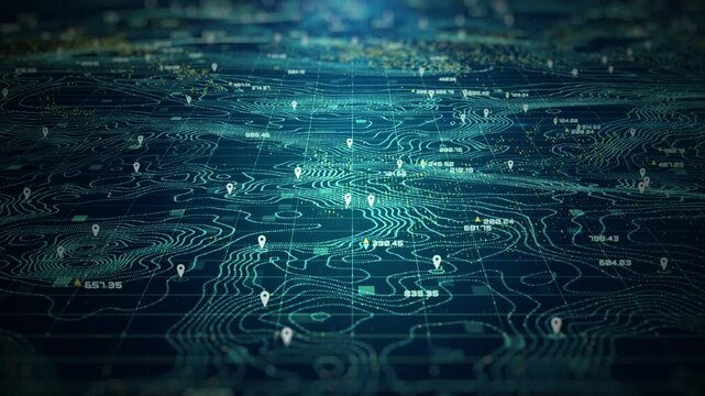 High-tech digital topographic map with glowing data points, GPS markers, and geospatial analytics. Technology big data, and geospatial concepts. Future abstract background 4k - Powered by Adobe