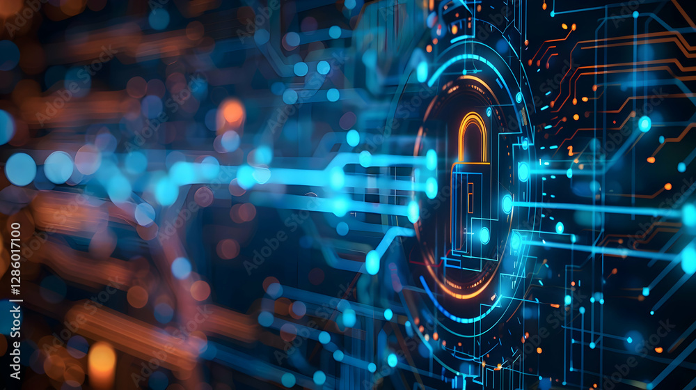 Poster abstract digital illustration of a secure lock symbol amidst glowing circuit patterns and data flow