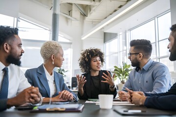 Diverse Business Team Meeting Collaboration Modern Office Professional Young Adults Brainstorming Ideas Strategic Planning Corporate Teamwork Successful Businesspeople Innovative Discussion group 