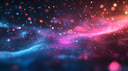 Dynamic floating particles with neon pink and cyan glow are set against a dark cosmic background, featuring motion blur effects in digital abstract art for tech presentations.