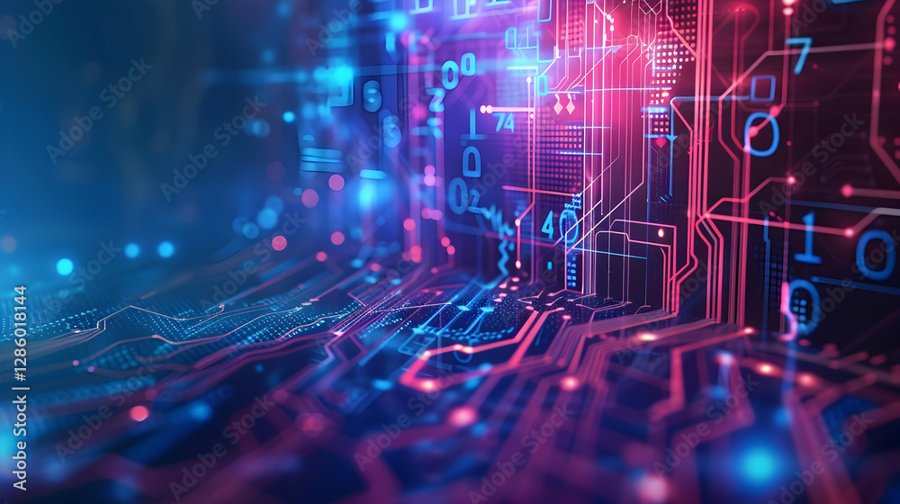 Poster abstract digital circuit board with glowing lines and binary code, showcasing technology and innovat