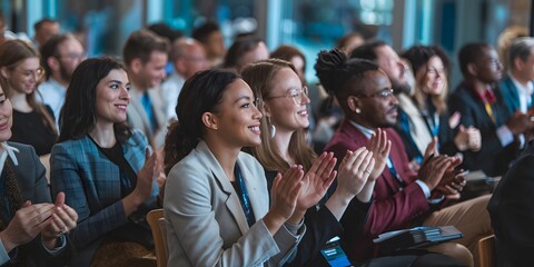Diverse Business People Applauding Conference Meeting Attendees Successful Presentation Corporate Event Team Collaboration Professional Audience Happy Smiling Faces Motivational Speaker group sales   