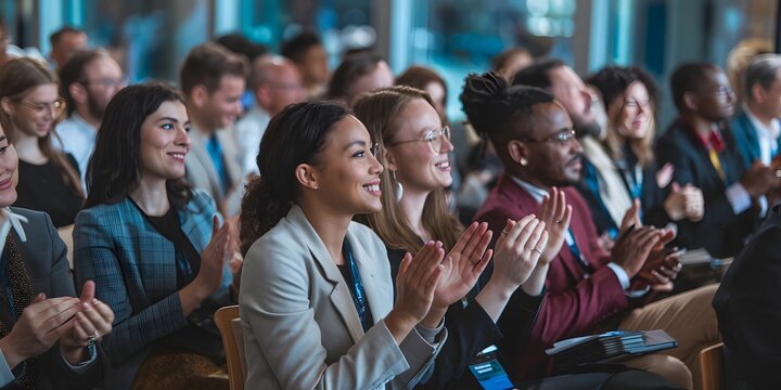 Diverse Business People Applauding Conference Meeting Attendees Successful Presentation Corporate Event Team Collaboration Professional Audience Happy Smiling Faces Motivational Speaker group sales   