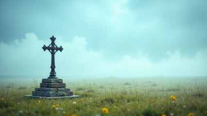 Fototapeta premium Cross on top of a grave with misty surroundings.