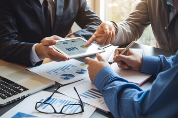 Business Team Meeting Analyzing Financial Data Graphs Charts Tablet Digital Technology Modern Workplace Collaboration Professional Teamwork Strategic Planning Successful Business Growth Development   