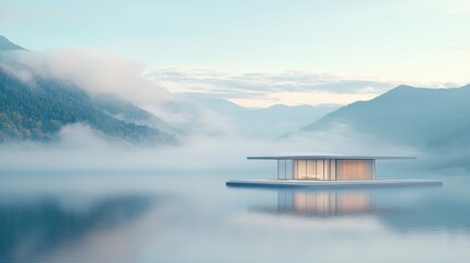 Obraz premium Serene lake house, misty mountains.