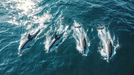 Fototapeta premium Aerial view of dolphins leaping in ocean; sunlit water background. Possible use nature, wildlife, travel