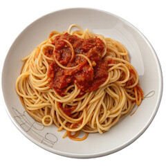 Plate of spaghetti with tomato sauce, isolated on transparent background