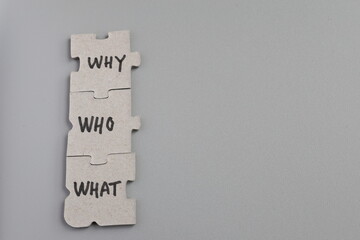 Puzzle concepts. The words WHY, WHO, WHAT.