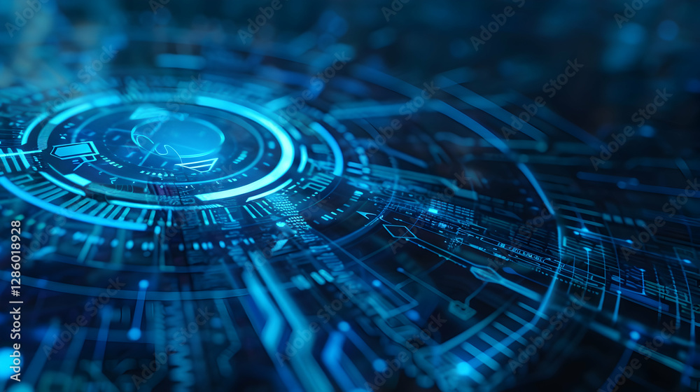 Poster futuristic digital interface with glowing circuits and patterns in a high-tech environment