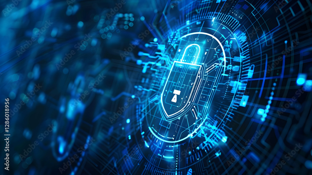 Poster digital security lock surrounded by a network of glowing data connections in a tech environment