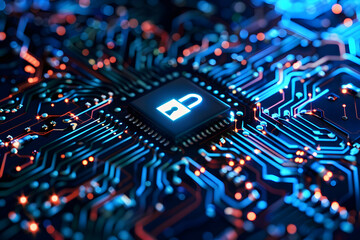 Obraz premium Close-up view of a digital circuit board featuring a glowing lock symbol, representing cybersecurity